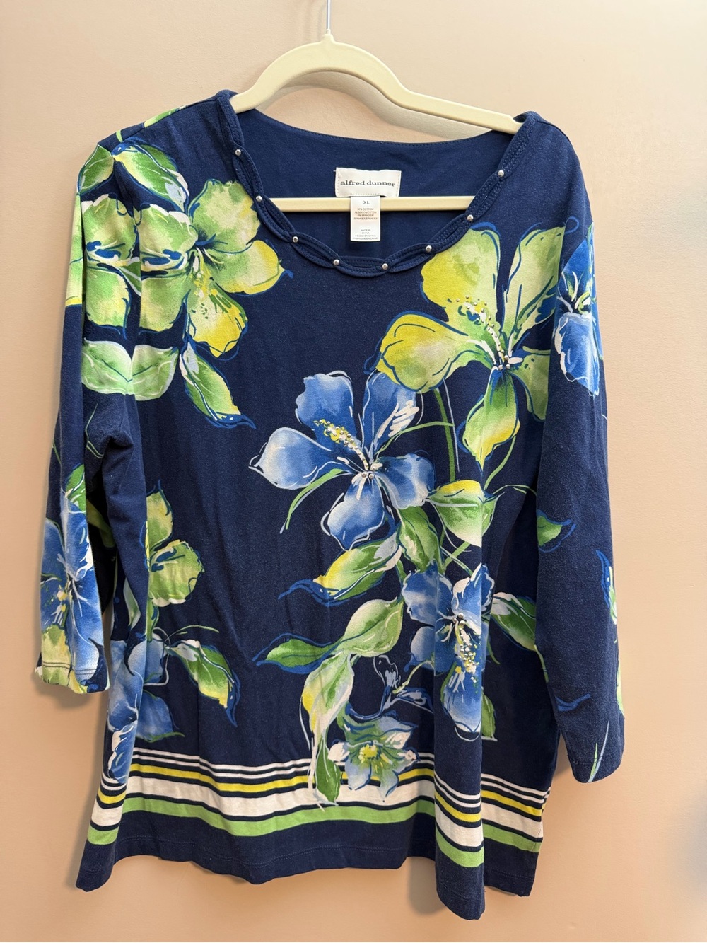 Alfred Dunner Navy Blue Green Floral Scoop Neck Knit Tunic